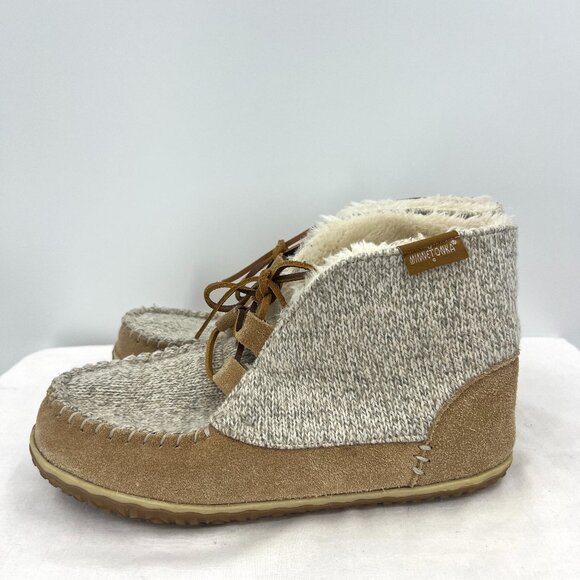 Minnetonka Torrey Bootie Slipper Gray Tan Leather Women's Size 9 M - Picture 1 of 8